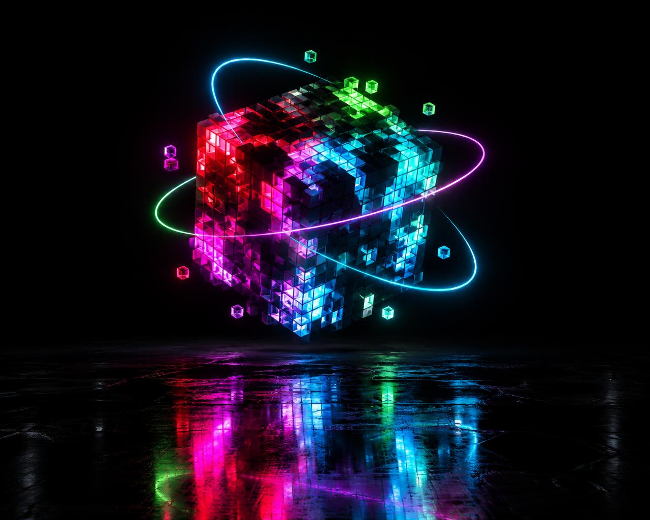 Cube de pixels RGB flottant entouré d'anneaux lumineux